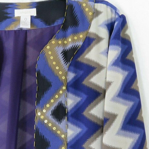Chico's 0 Long Open Front Kimono Duster Coat Purple Gold Beaded Sequence Lined - Picture 5 of 12